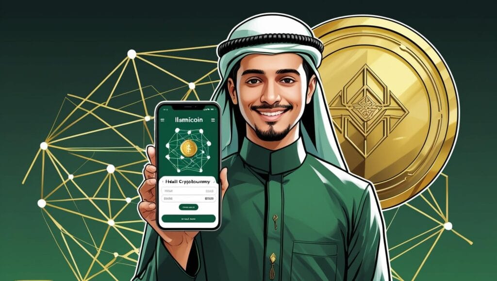 a young muslim man in formal attire with kufi hat, smiling while holding a smartphone showing the islamicoin wallet app