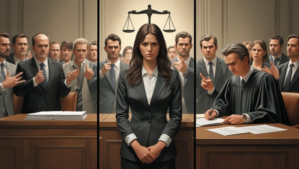 ad hominem courtroom scene with a female