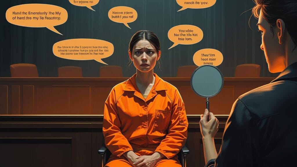 ad hominem woman in an orange prison jumpsuit sitting alone in a courtroom, her face emotional but calm