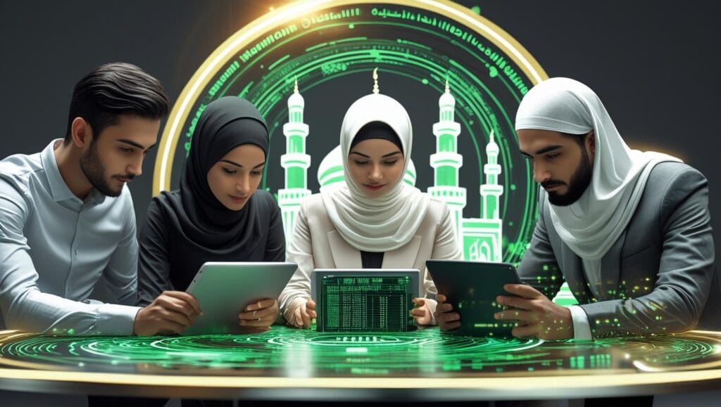 group of young muslim professionals, two men and one woman, using tablets and laptops to trade islamicoin, futuristic blockchain hologram around them