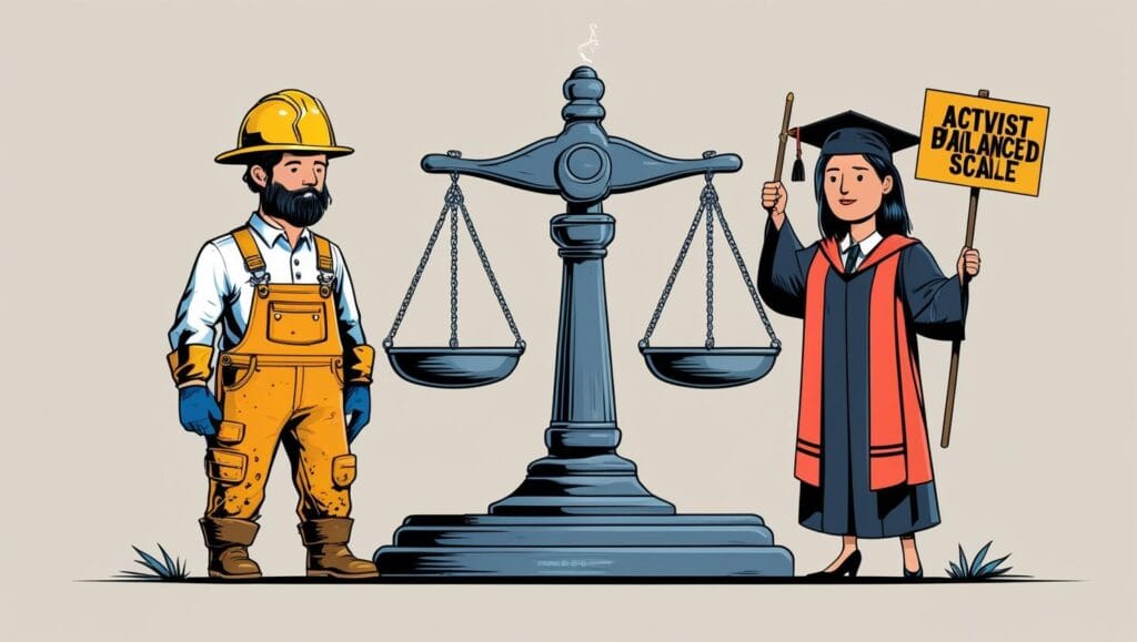 ilustrasi gaya canva infographic 4 orang penambang, pejabat, akademisi,(budaya hukum timah bangka belitung)