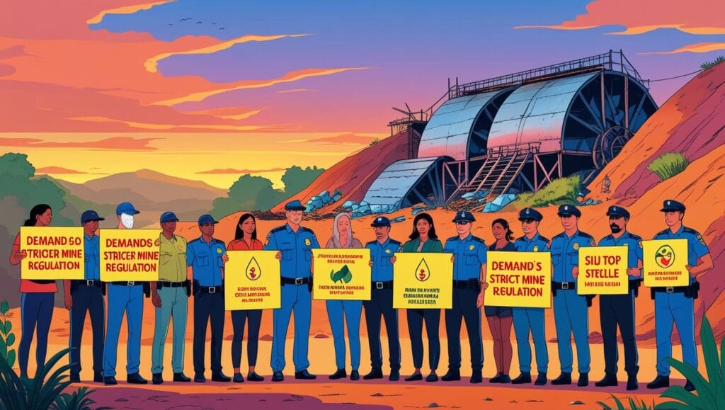 ilustrasi gaya infografis orang masyarakat lokal, aktivis lingkungan, dan aparat hukum berdiri bersama di depan tambang timah, membawa papan tuntutan regulasi (budaya Hukum Timah Bangka Belitung)