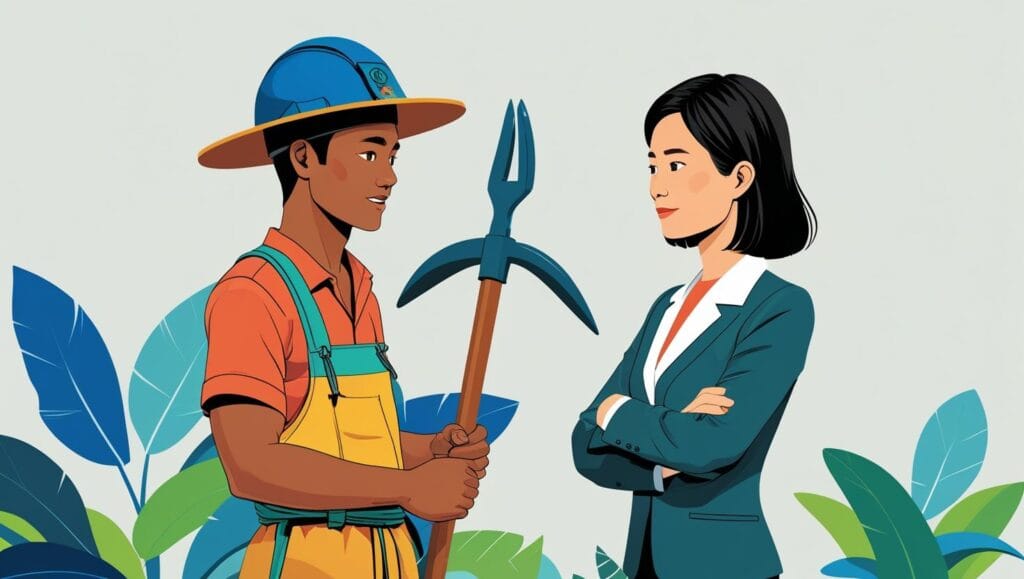 ilustrasi modern flat design seorang penambang tradisional bangka belitung berbicara dengan seorang hakim, simbol dialog budaya hukum 2025.