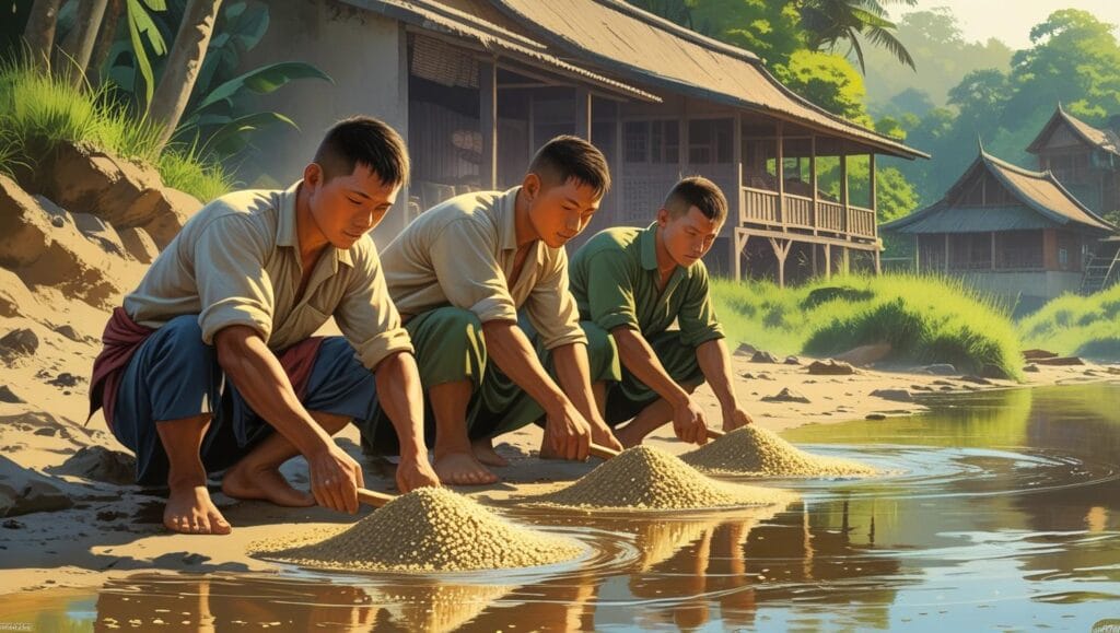 ilustrasi Budaya Hukum Timab Bangka Belitung penambang rakyat bangka belitung sedang mengayak pasir timah di sungai dengan latar belakang desa.