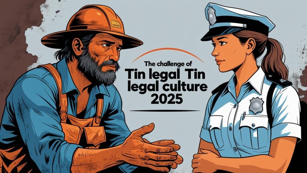 ilustrasi poster edukatif dua orang berdebat satu penambang inkonvensional dan satu polisi (budaya hukum timah bangka belitung)