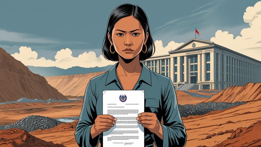 ilustrasi semi realistis seorang perempuan bangka belitung memegang dokumen hukum (budaya hukum timah bangka belitung)