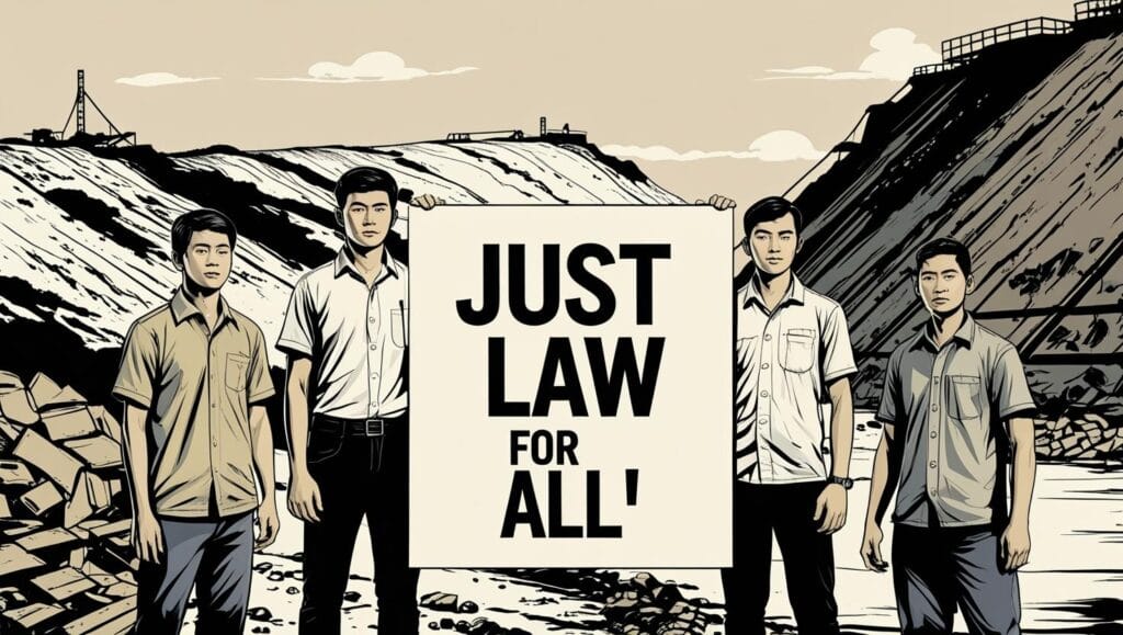 ilustrasi vektor anak muda bangka belitung mengangkat papan bertuliskan hukum adil untuk semua dengan latar tambang timah.