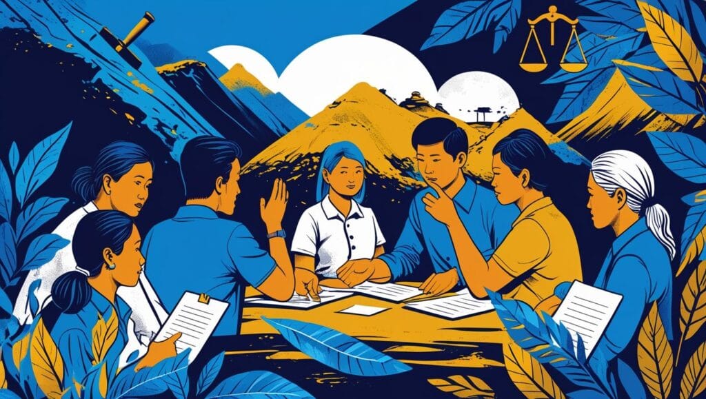 ilustrasi vektor orang Budaya hukum timah bangka belitung sedang berdiskusi tentang pertambangan timah, dengan latar belakang tambang dan simbol hukum