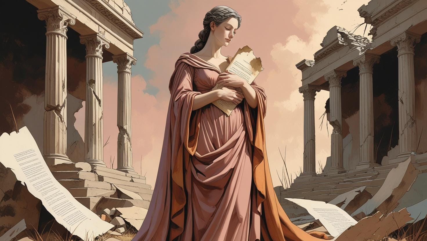 lady justice holding a torn parchment