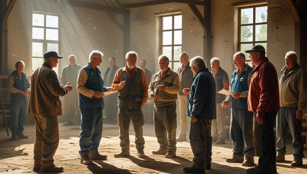 masyarakat lokal berkumpul di balai desa membahas aturan pertambangan timah. (budaya hukum timah bangka belitung)