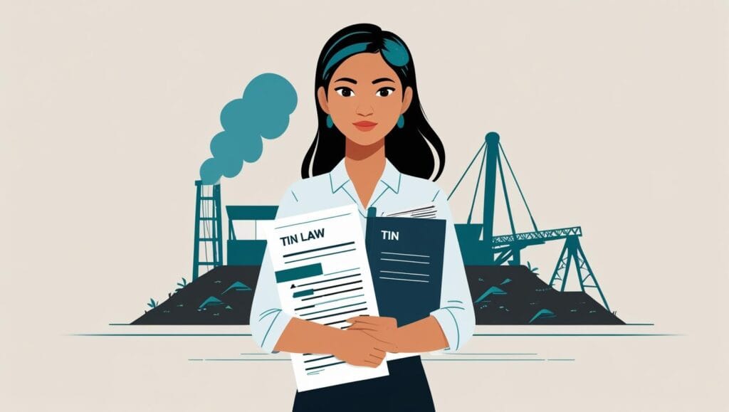 modern flat design illustrationyoung people of bangka belitung holding documents and books about law, with tin mining site in the background Budaya Hukum Timah Bangka Belitung