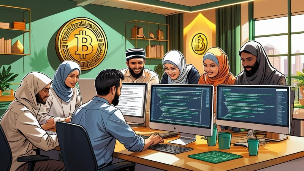 muslim developer team working on islamicoin project in a modern office