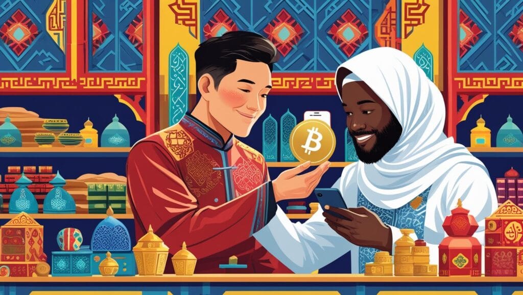 muslim shop owner receiving payment in islamicoin from a customer using a smartphone, gold islamicoin logo visible on the phone screen