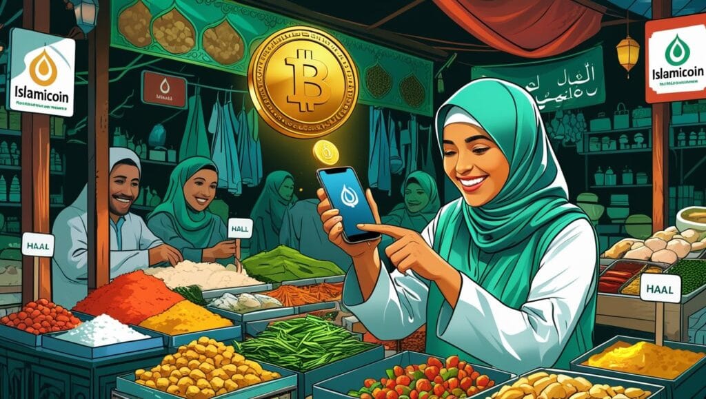 muslim vendor in traditional market receiving islamicoin payment via smartphone