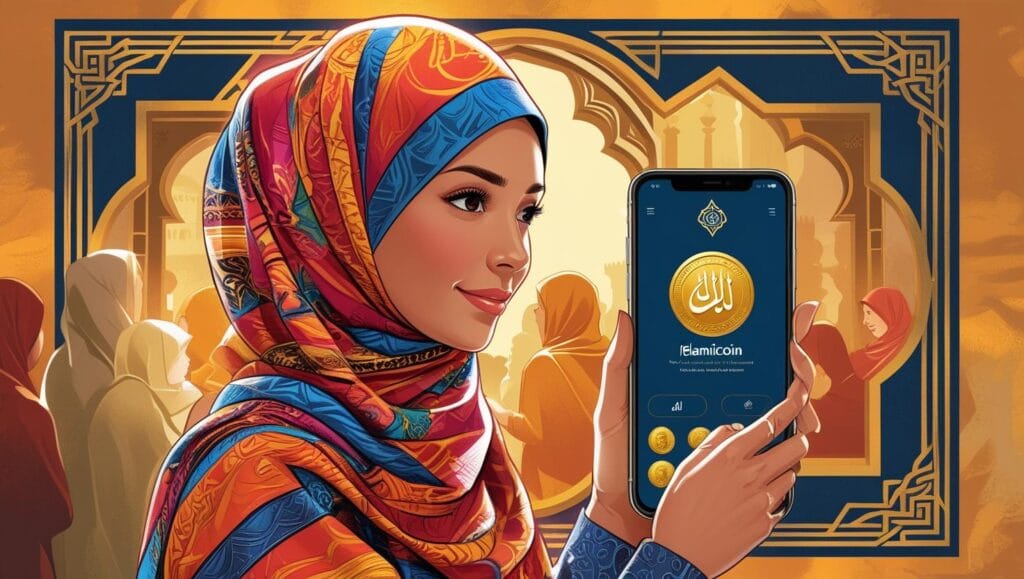 muslim woman in hijab donating zakat via islamicoin app on her smartphone