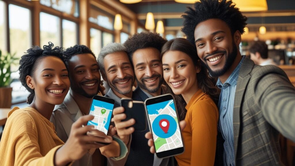 orang selfie oversharing di kafe dengan ikon lokasi gps terbuka oversharing