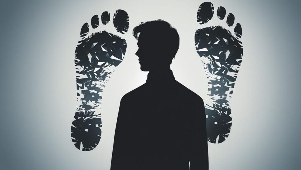 siluet orang dengan bayangan jejak kaki digital di belakangnya oversharing