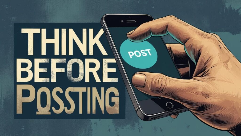 Oversharing tipografi motivasional think before posting, dengan ilustrasi tangan ragu menekan tombol post di media sosial