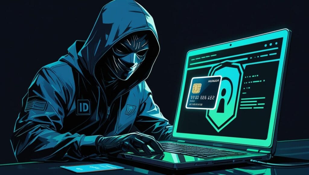 oversharing visual hacker bertopeng di depan laptop dengan simbol data pribadi yang dicuri ktp, rekening