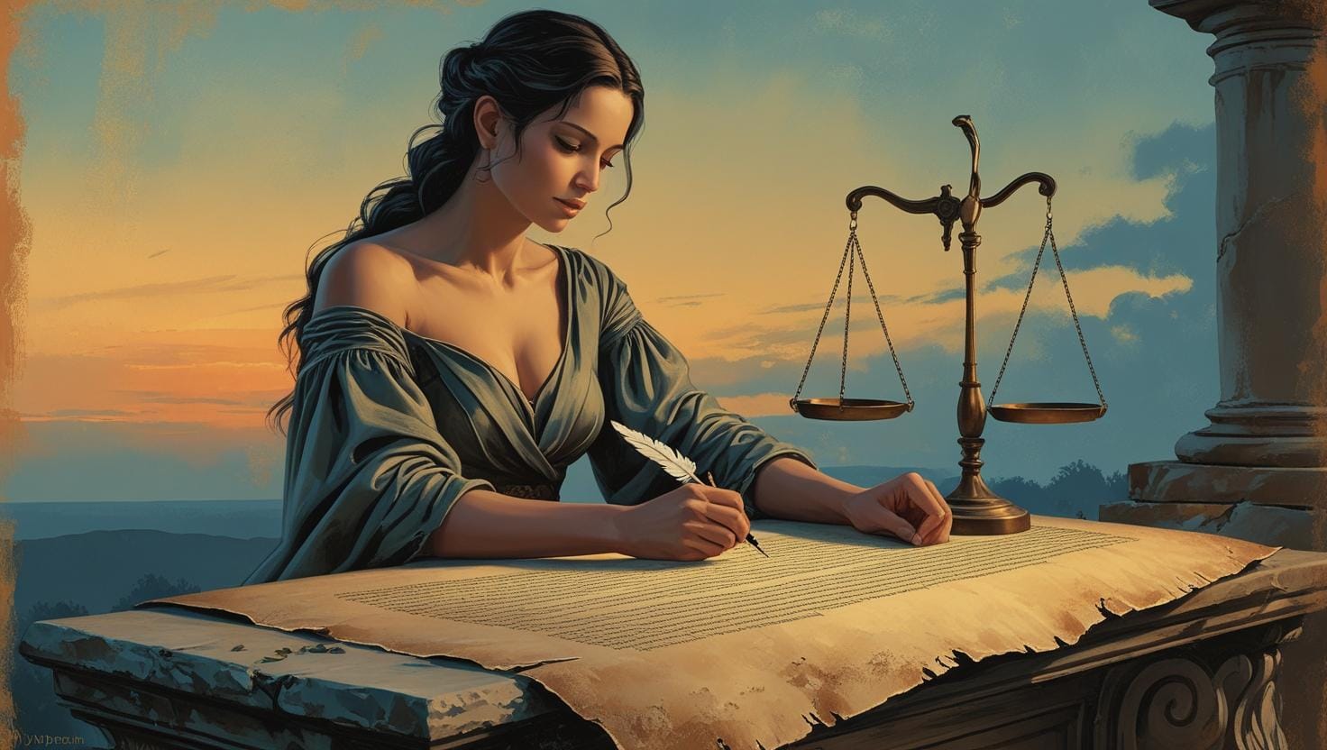 woman justice seated on a stone bench under a fading