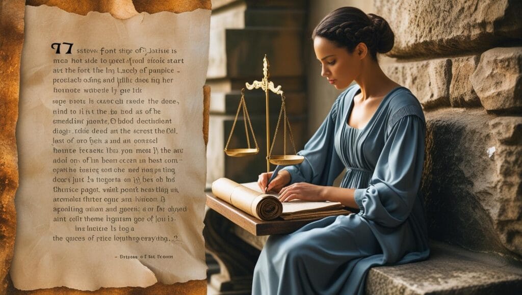 woman justice seated on stone bench, writing ad hominem