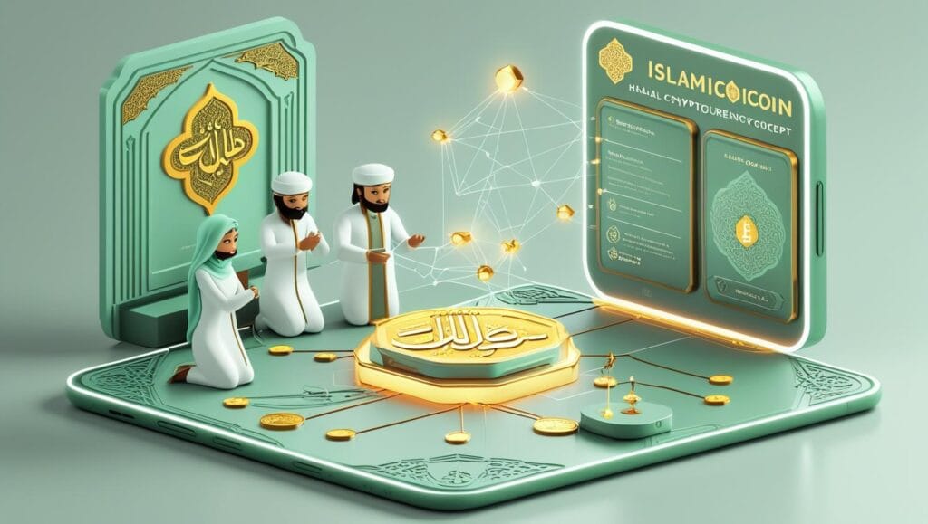 llustration of islamicoin blockchain system in action, halal cryptocurrency concept,