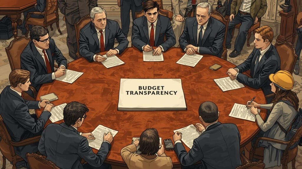 lustrasi meja bundar besar dengan pejabat bersetelan jas, mahasiswa dengan buku, buruh dengan helm, dan seorang ibu rumah tangga duduk berdiskusi rangkaian demo