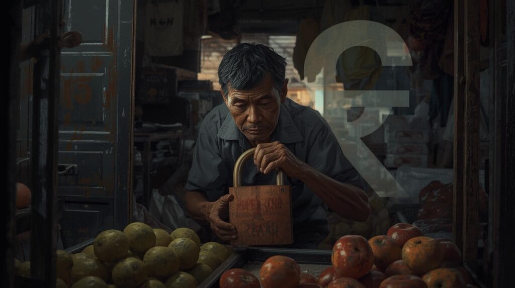 pedagang kaki lima menutup lapak dagangan karena toko di belakang tertutup gembok besar, sementara tanda rupiah mengecil di udara rangkaian demo