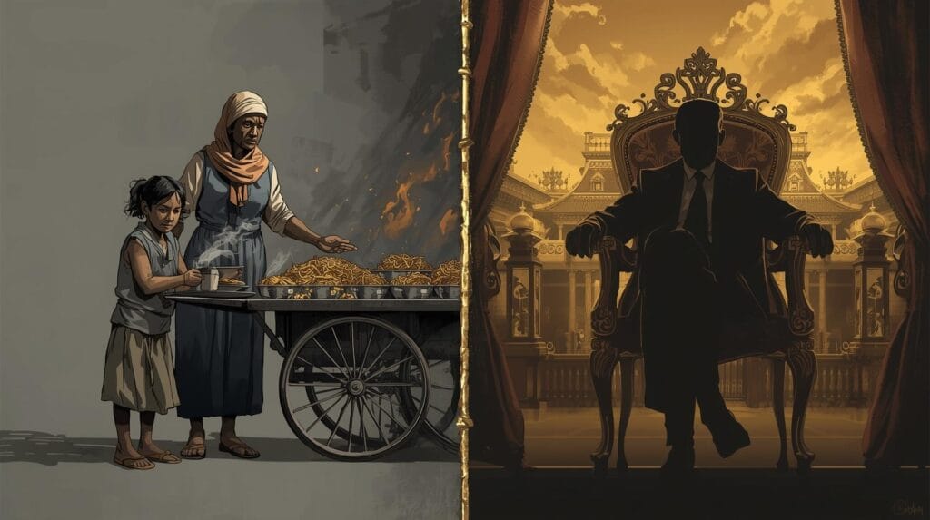 rangkaian demo sisi kiri gambar menampilkan keluarga sederhana berjualan makanan kaki lima di jalan, wajah lelah