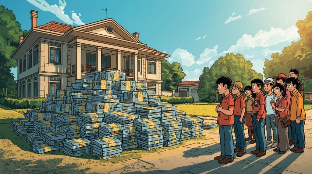 rumah besar berdiri megah, di sampingnya ada tumpukan uang rp 50 juta, rakyat kecil menatap dengan ekspresi kecewa rangkaian demo