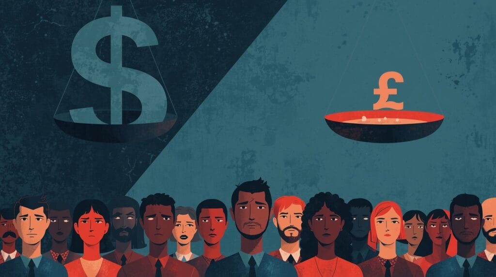 sekelompok orang berdiri di bawah timbangan besar rangkaian demo