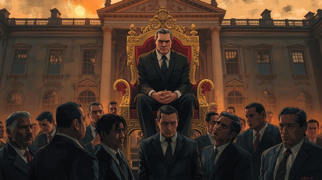 seorang pejabat duduk di kursi megah berlapis emas di depan rumah mewah, sementara di bawahnya sekelompok warga berdesakan dengan wajah lelah dengan melihat rangkaian demo