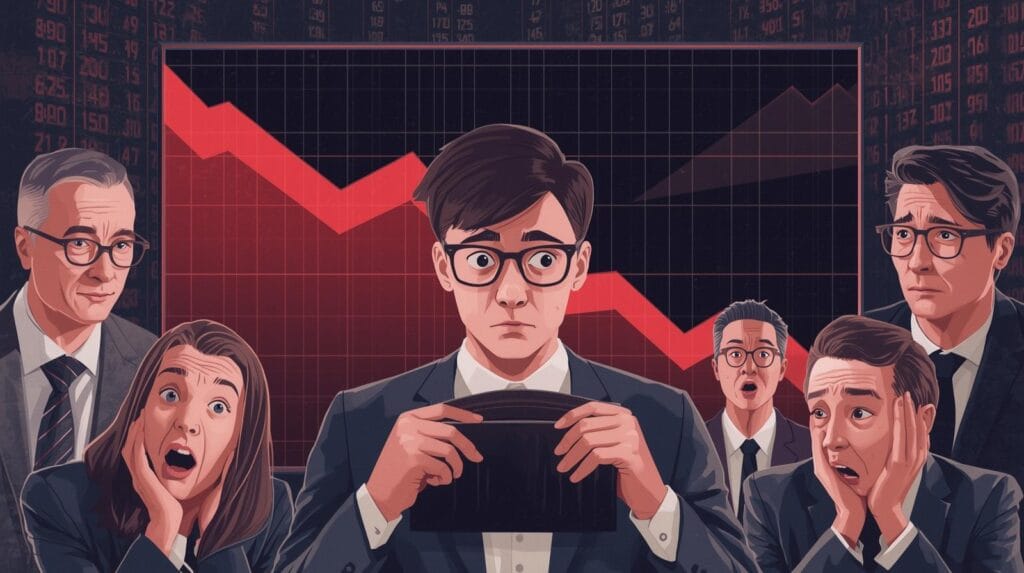 seorang pria muda berdiri di depan layar digital raksasa dengan grafik merah tajam menurun, ekspresinya cemas sambil memegang dompet kosong rangkaian demo