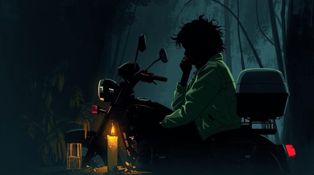 siluet seorang pengemudi ojek online mengenakan jaket hijau duduk diam di samping lilin menyala, suasana malam yang muram dalam rangkaian demo