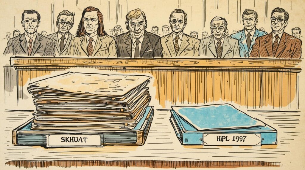 Aku, Raka Pramono duduk di bangku belakang ruang sidang memperhatikan dengan seksama dua tumpukan bukti yang diletakkan di meja hijau yang mana tumpukan pertama adalah map cokelat yang sudah lusuh di ujungnya, berisi SKHUAT 1982–1983.