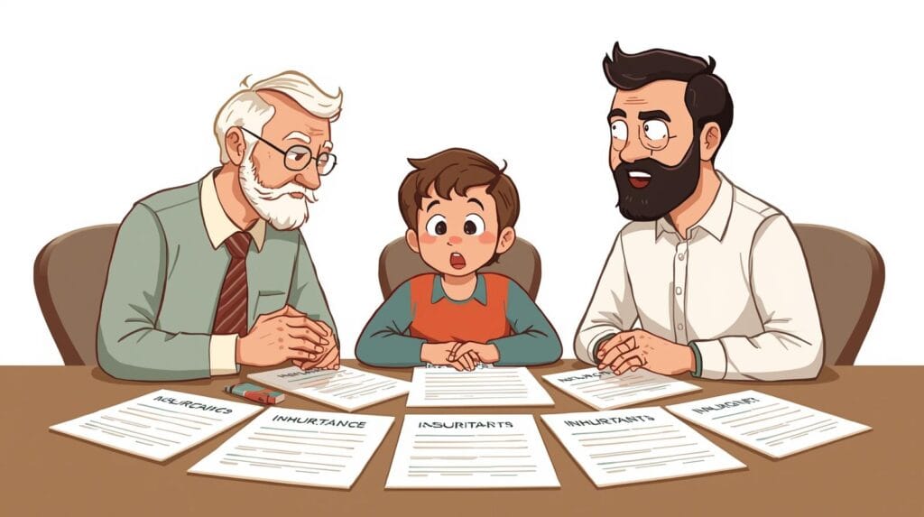dua generasi keluarga duduk bersama membicarakan dokumen warisan, meja penuh berkas hukum. gaya ilustrasi modern kartun pajak hibah dan waris