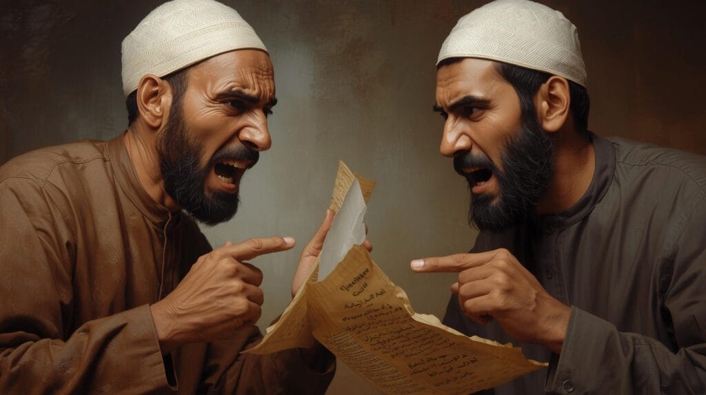 hibah dan waris dalam islam
dua saudara berselisih sambil menunjuk dokumen waris, dengan ekspresi marah. muslim