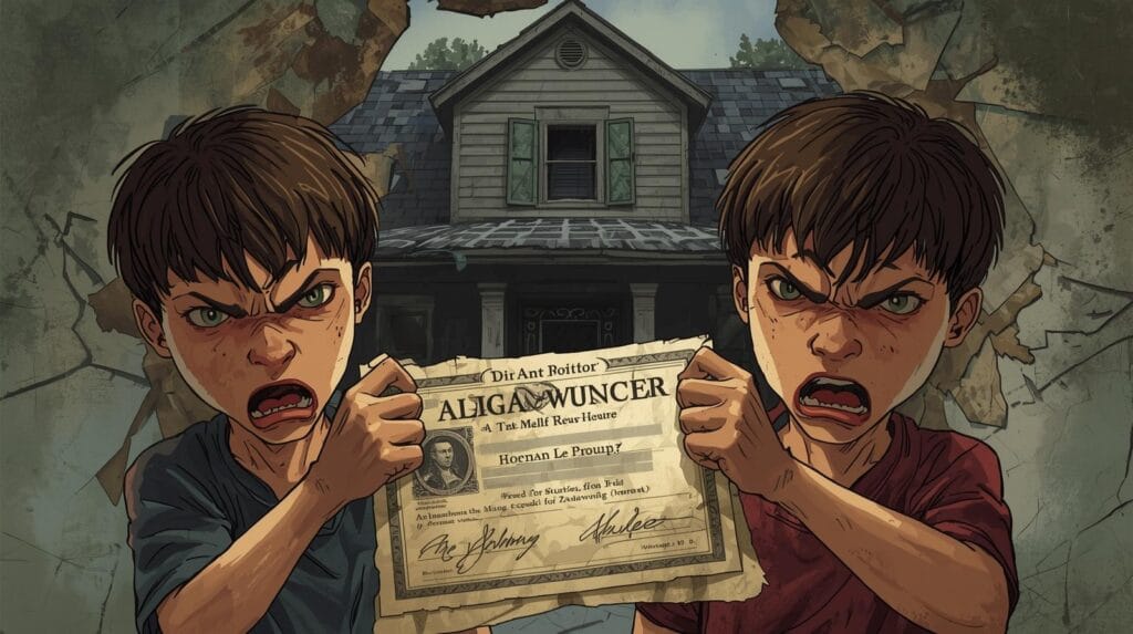 dua saudara saling tarik sertifikat rumah dengan ekspresi marah, orang tua sudah tiada, latar belakang rumah retak.