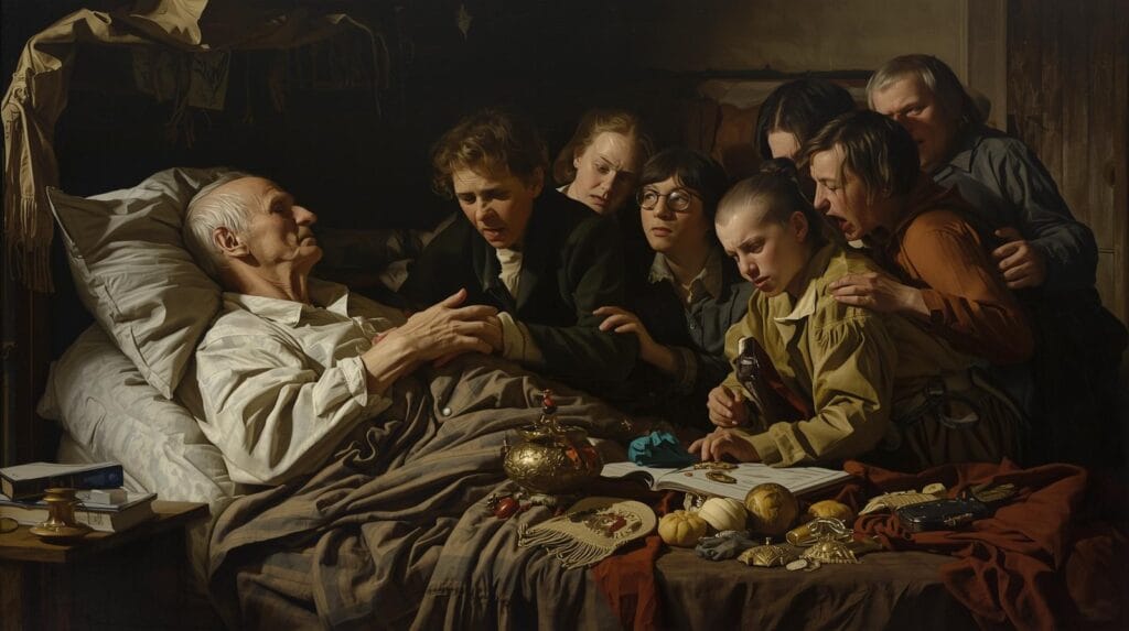 Hibah dan Waris dalam islam gambar seorang pria tua di ranjang sakit, di sekitarnya anak anak berdebat soal harta.