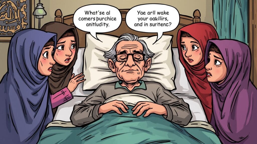 gambar seorang pria tua di ranjang sakit, di sekitarnya anak anak berdebat soal harta.hibah dan waris dalam islam