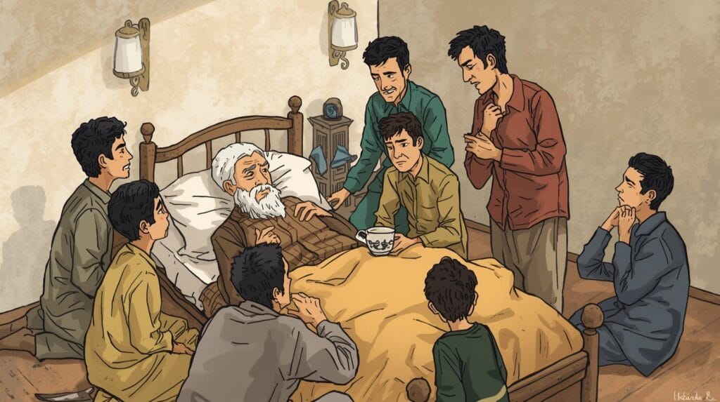 Hibah dan Waris dalam Islam gambar seorang pria tua di ranjang sakit, di sekitarnya anak anak berdebat soal harta. islam cartoon