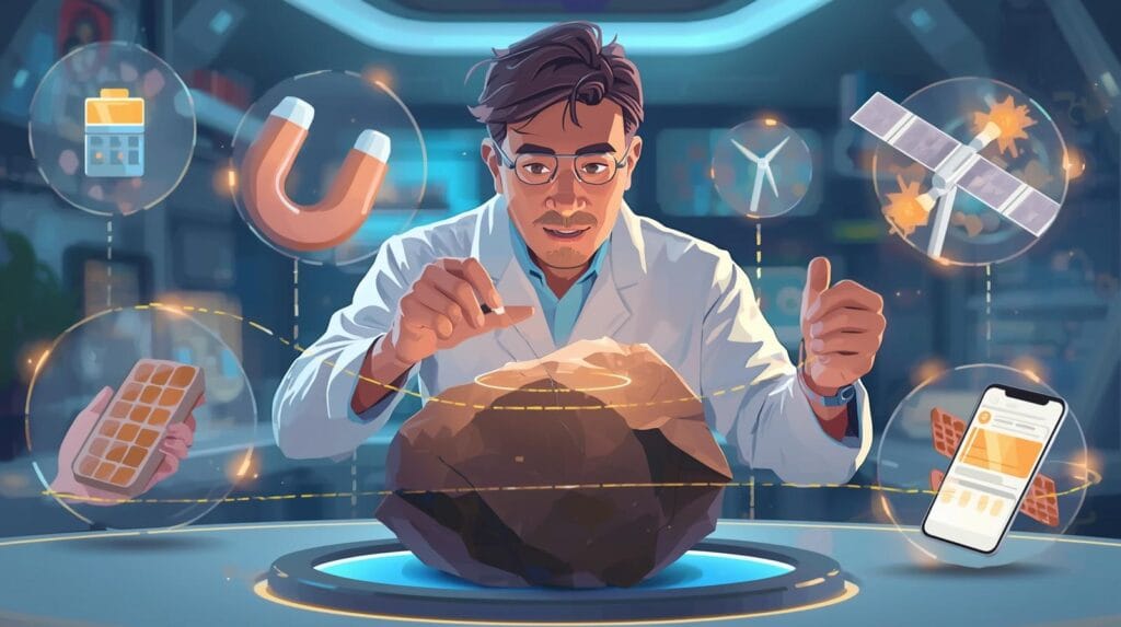 ilmuwan masa depan memegang batu mineral cokelat kusam dengan hologram melayang ikon magnet superkuat perut bumi