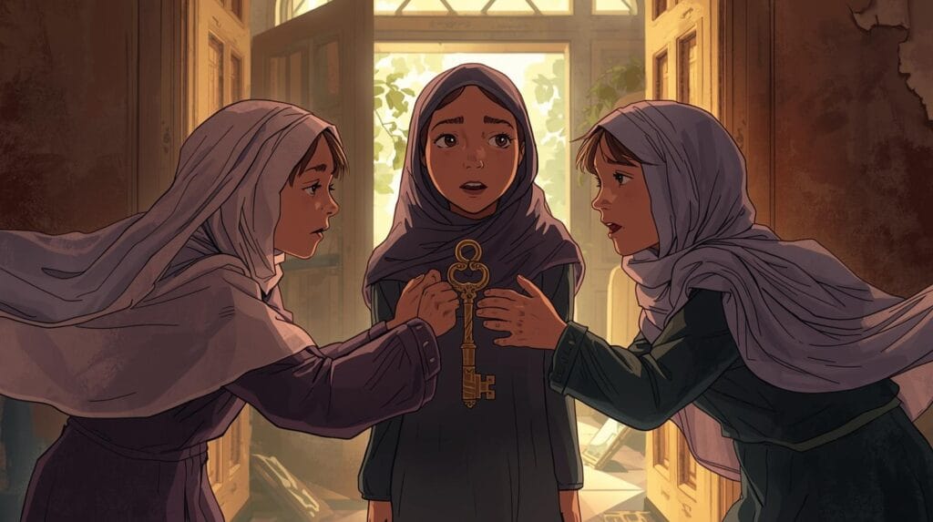 Hibah dan Waris dalam Islam  ilustrasi dramatis tiga anak memperebutkan kunci rumah warisan. islam muslim