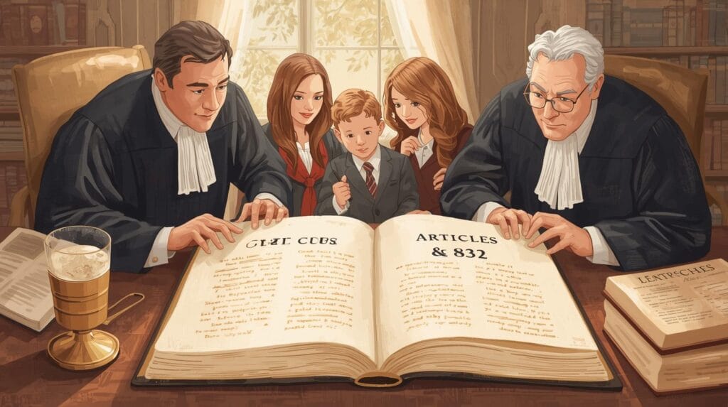 ilustrasi hakim, notaris, dan keluarga bersama membuka buku kuhperdata dengan tulisan pasal 1666 & 832, gaya ilustrasi edukatif.