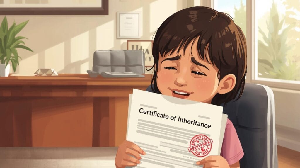 ilustrasi modern anak membawa surat keterangan waris di kantor notaris, wajah lega tapi juga sedikit cemas.