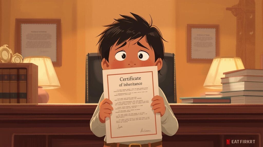 ilustrasi modern anak membawa surat keterangan waris di kantor notaris, wajah lega tapi juga sedikit cemas.