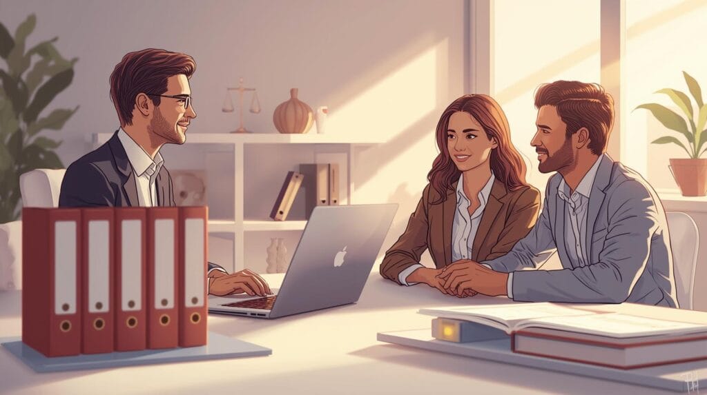 ilustrasi seorang konsultan hukum berbicara dengan pasangan muda di kantor modern, ada ikon hukum dan laptop di meja.