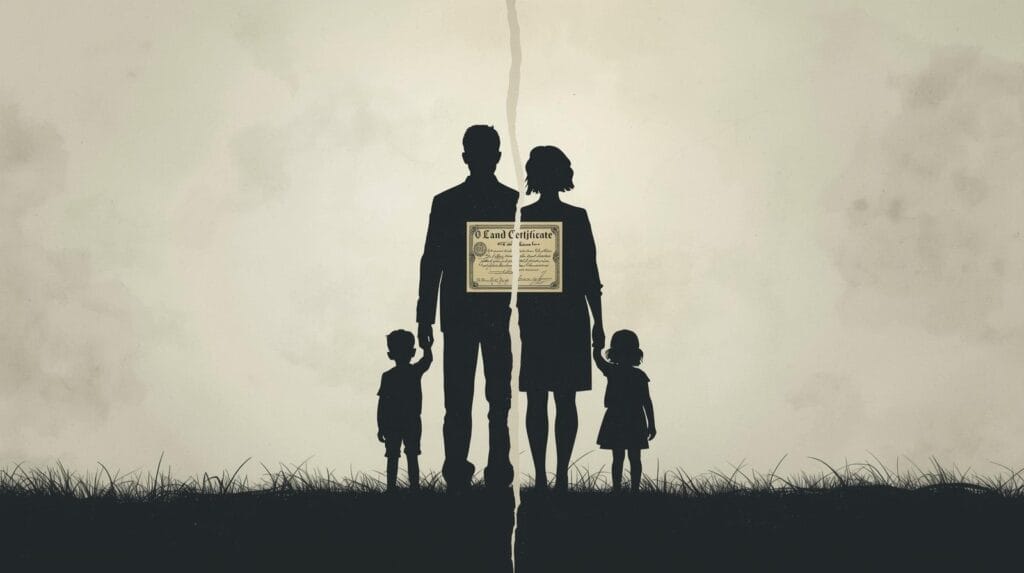 hibah dan waris dalam islam ilustrasi siluet keluarga yang terbelah dua, di tengahnya ada sertifikat tanah. islam