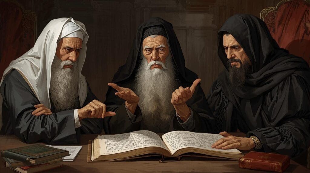 ilustrasi tiga orang tokoh ulama, tetua adat, dan hakim berdiskusi sambil membuka buku kuhperdata dan al qur’an, nuansa akademis & serius.