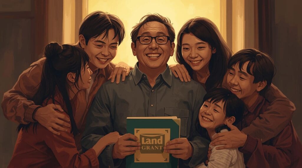 keluarga duduk melingkar, ayah di tengah sambil memegang map pajak hibah dan tanah semua tersenyum penuh kehangatan.